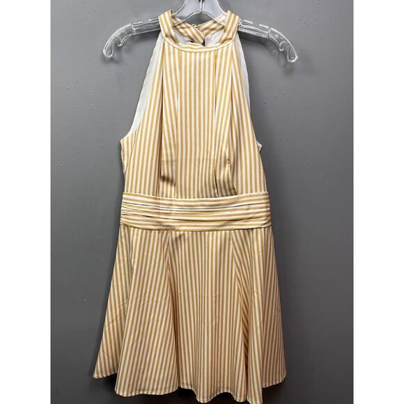 C/MEO Collective Halter Dress Womens Medium Yellow White Striped Swing Preppy - Picture 1 of 6